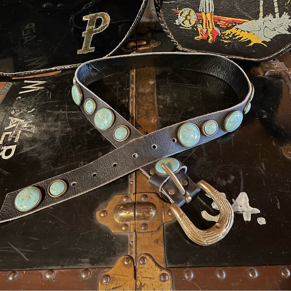 Vintage Michael Morrison MX Unisex Black Belt Heavy Brass and Turquoise Accents